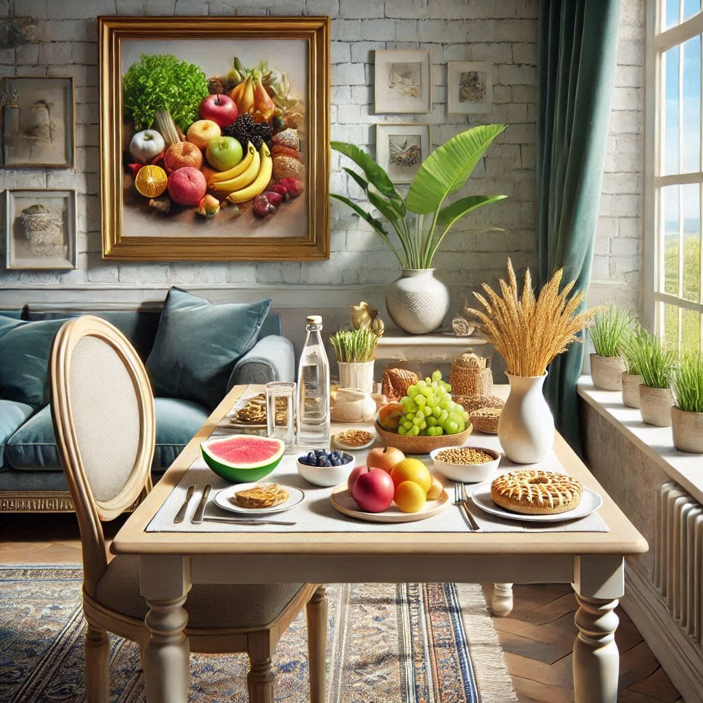 Create a realistic image of a eating room with a small table displaying various fiber-rich foods like fruits, vegetables, and whole grains. Include a glass of water and a bottle of olive oil on the table.